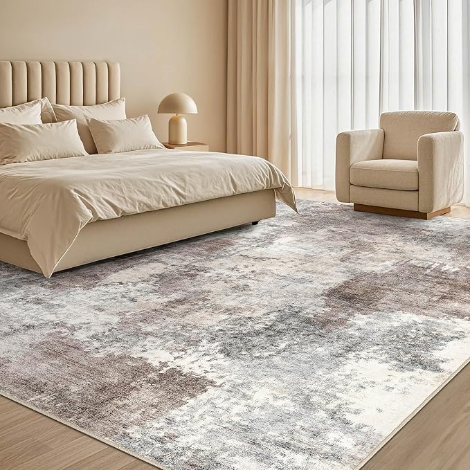 Tortania Washable 8x11 Area Rug for Living Room: Modern Abstract Neutral Large Soft Thin Rugs - Non Slip Indoor Carpet for Bedroom Dining Room Office Nursery Home Floor Decoration - Gray Brown