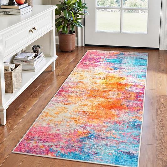 Rugflix 2x8 Runner Rug for Entryway, Kitchen Rugs Soft Non-Slip Washable Runners for Hallway, Abstract Small Carpet with Non-Slip Backing for Bedroom, Living Room, Rainbow