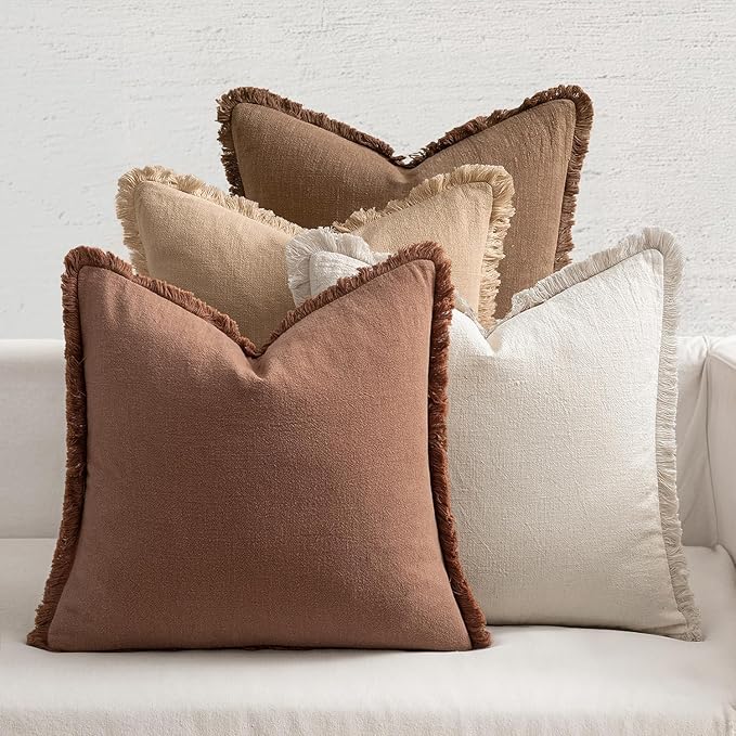MIULEE Decorative Couch Pillow Covers Neutral Linen Fringe Throw Pillows Set of 4 Accent Rustic Cushions Boho Farmhouse Pillowcases for Bed Sofa Living Room Spring Home Decor 24x24 Inch Beige/Brown