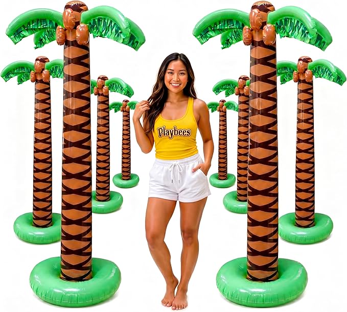 Giant Inflatable Palm Trees - 8 Pack - 6 Foot Super Sturdy Trees for Luau Parties, Beach Decor, Poolside Ambiance, Tropical Theme Decor & Outdoor Fun, Easy Inflation