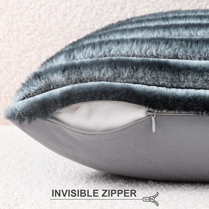 Pallene Faux Fur Plush Throw Pillow Covers 18x18 Set of 2, Luxury Soft Fluffy Striped Decorative Pillow Covers for Sofa, Couch, Living Room, Ombre Blue