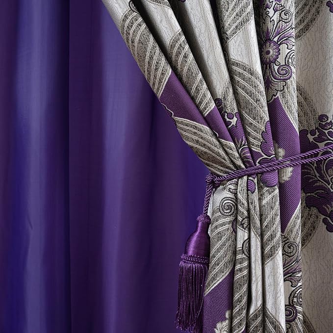 Petrichor Elegant Curtains with Gold Silver Threads 2 Panels Set - Luxury Window Treatment Attached Valance, Sheer Backing, and 2 Tie Backs for Bedroom and Living Room, 54x84 inches, Purple