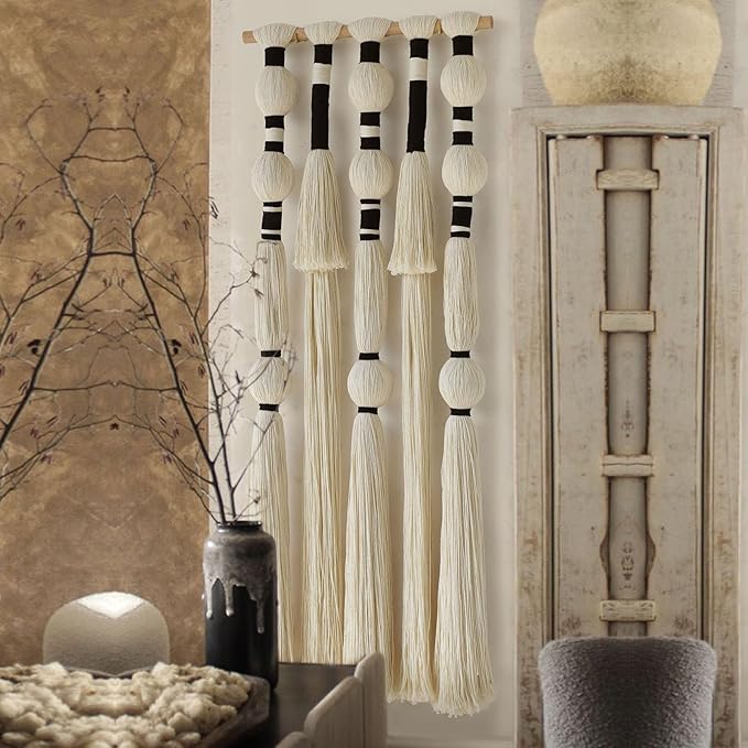 Flber Macrame Wall Hanging Tassels Sphericity Cotton Textile Hanging Geometric Yarn Wall Art for Bedroom Living Room Decor 15.7" W x 39" L