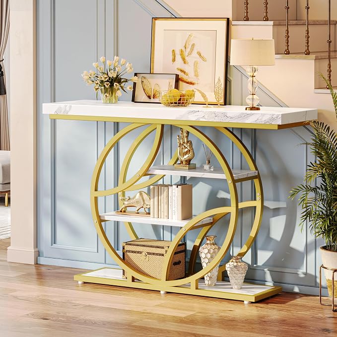 Huuger 47.2 Inch Entryway Table with Marble Top, Modern Console Sofa Table, Accent Table with Shelves, for Entry, Hallway, Entrance, Foyer, O-Shaped Metal Frame, White Marble & Gold