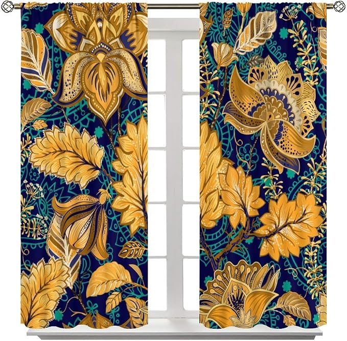 Floral-Patterned Blackout Curtains, Vintage Navy Blue with Gold Plant Motifs in Bohemian Style, Heat-Insulating Curtains for Living Rooms and Bedrooms42X54 Inch