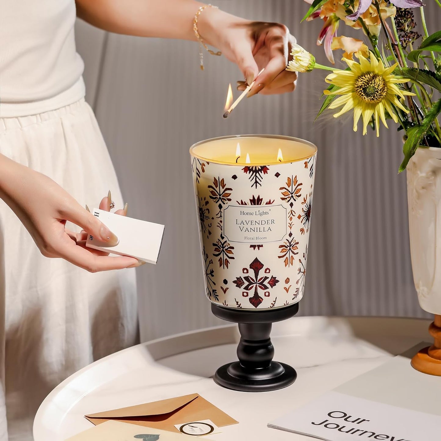 HomeLights Large jar Candle | 3-Wick Long-Lasting Scented Candles, 34oz Natural Soy Wax Candle for Home Scented, Bohemian Natural Textures Gifts for Women & Men, Lavender Vanilla