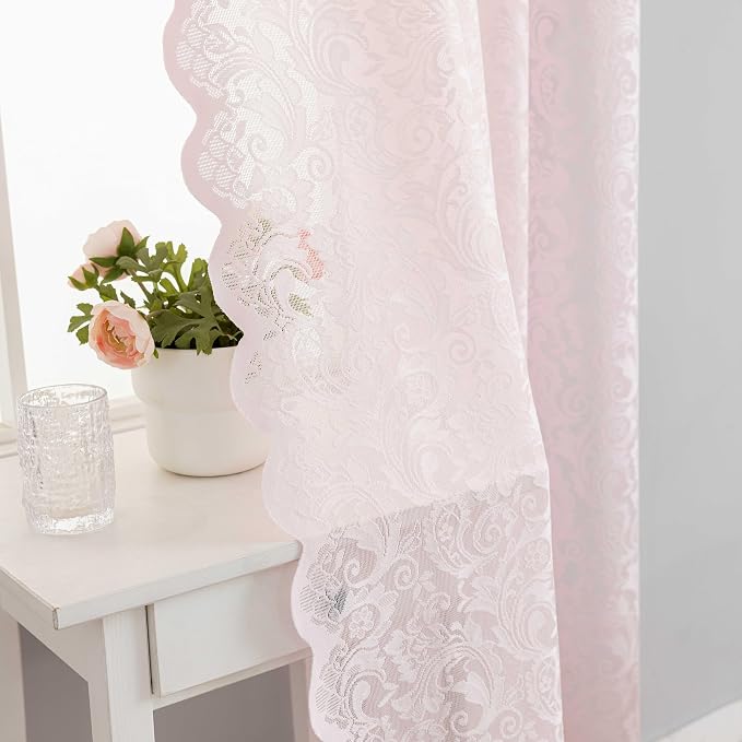 ALIGOGO Pink Kitchen Curtains 45 Inch Length 2 Panels | Short Lace Cafe Curtains, Semi-Sheer, for Dorm Closet, Girly Kids Bedroom, Light Filtering&Privacy, 52W x 45L Inch