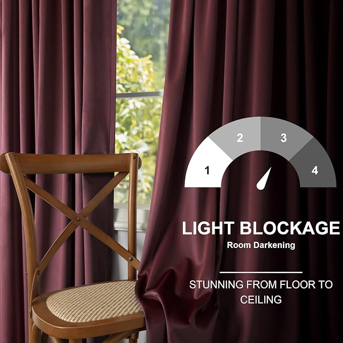 Room Darkening Luxurious Velvet Curtains Ruby Wine 108 Inches Long 2 Panel Noise Absorbing Thermal Insulating Drapes Feminine Curtains for Bedroom Holiday Party Backdrops Media Movie Theater Film Room