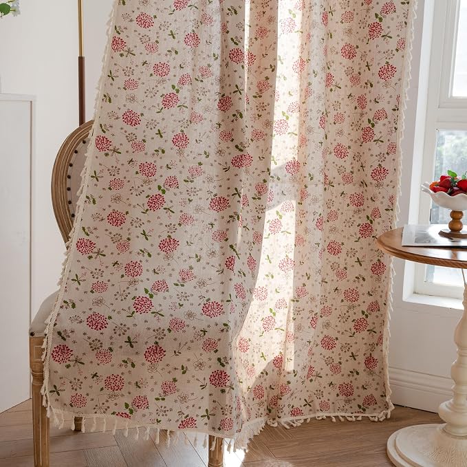 OYX Boho Curtains 96 Inch Length 2 Panels for Living Room, Bedroom Light Filtering Drapes, Farmhouse Vintage Country French Rustic Tassels Pattern Rod Pocket Aesthetic Decor Window Treatments
