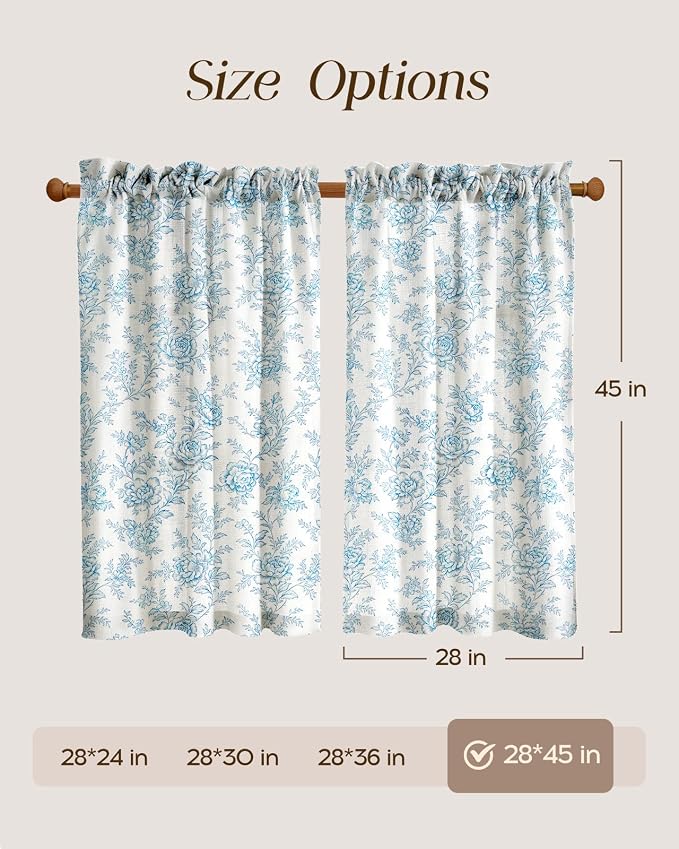Miss Adola Farmhouse Kitchen Tier Curtains - 45 Inch Length Linen Blend Cafe Curtains Blue Floral Small Window Treatments Over Sink Rod Pocket for Bathroom Living Room Light Filtering, 2 Panels