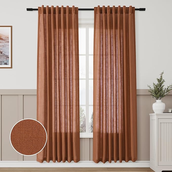 Boho Terracotta Linen Curtains 2 panels for Living Room Bab Tab Light Filtering Sheer Window Curtains Traditional Farmhouse Retro Rust Color Room Decor Desert Earthy Tone Drapes 52x80 inches Long