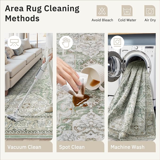 Soalmost 8x10 Area Rugs, Washable Rugs, Large Stain Resistant Area Rug for Living Room Bedroom Dining Room, Vintage Farmhouse Rug Green