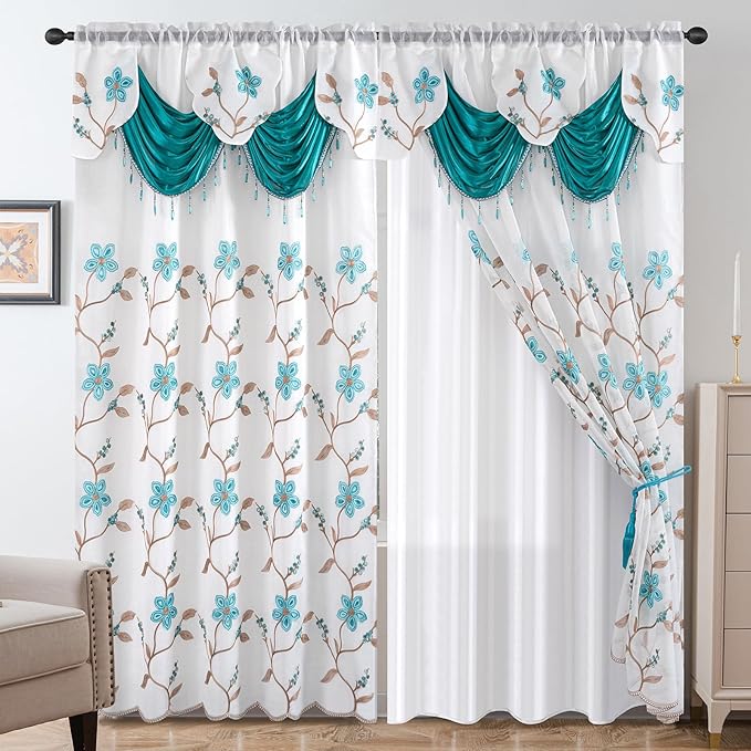 Petrichor Embroidered Sheer Curtain 2 Panels Set - Luxury Window Curtain Attached Valance with Satin Backing and 2 Tie Backs for Living Room,Dining Room, 54x95 inches, Turquoise