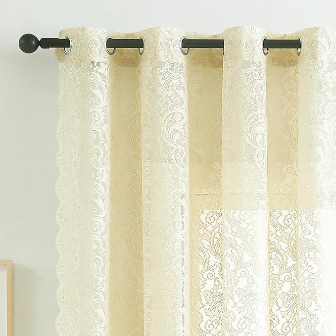 Bujasso Ivory Lace Sheer Curtains 108 inch Vintage Floral Sheer Window Curtain Panels for Living Room Bedroom Elegant Light Filtering Ivory Drapes Window Treatment Set Rod Pocket 2 Panels 54" Wx108 L