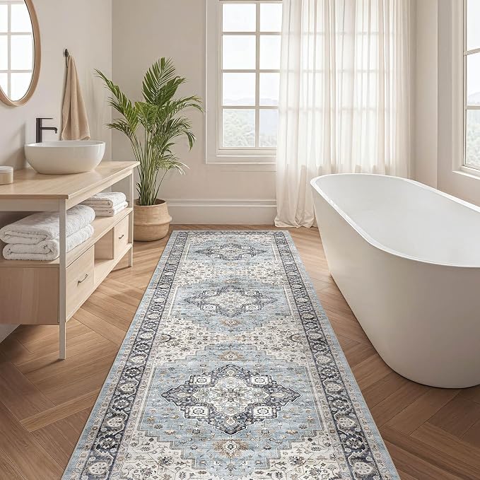Runner Rug Kitchen Washable Rugs: 3x8 Non-Slip Boho Vintage Distressed Stain Resistant Indoor Neutral Farmhouse Throw Carpet for Hallway Bathroom Laundry Room Entryway Bedroom- Blue Tan