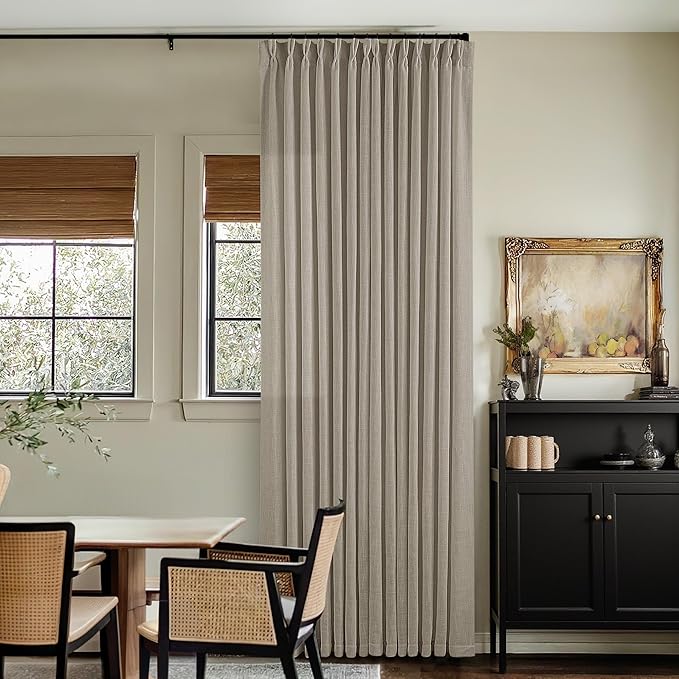 Pinch Pleated Linen Curtains 132 Inches Long for Living Room 2 Panels Set Greyish Beige Flax Double Pleated Drapes Back Tab Farmhouse Ceiling Floor 132 Inch Window Curtains Bedroom Burlywood Birch