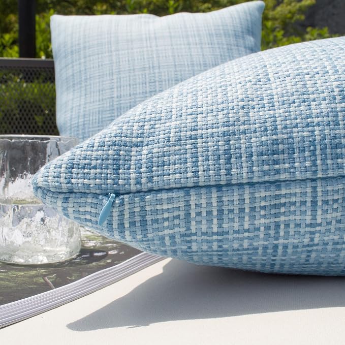 Kevin Textile Outdoor Waterproof Throw Pillow Covers 26x26 Inch Pack of 2 Woven Faux Linen Farmhouse Decorative Euro Shams Water Resistant Cushion Covers for Tent Patio Garden Couch Sofa Light Blue