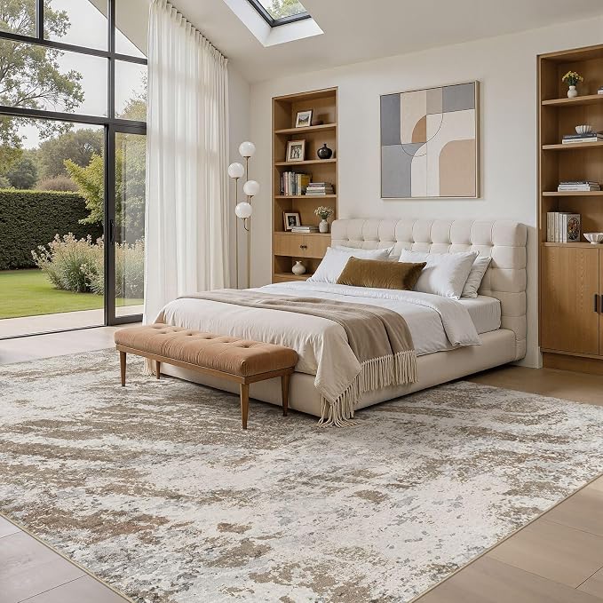DMOYEST 9x12 Washable Area Rug: Abstract Modern Non-Slip Carpet, Soft Low Pile Indoor Neutral Easy Clean Floor Rugs for Living Room Bedroom Dining Room Kids & Pets - Brown