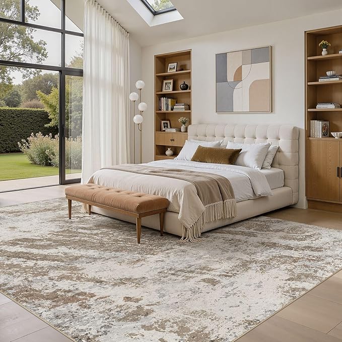 DMOYEST 7x9 Washable Area Rug: Abstract Modern Non-Slip Carpet, Soft Low Pile Indoor Neutral Easy Clean Floor Rugs for Living Room Bedroom Dining Room Kids & Pets - Brown