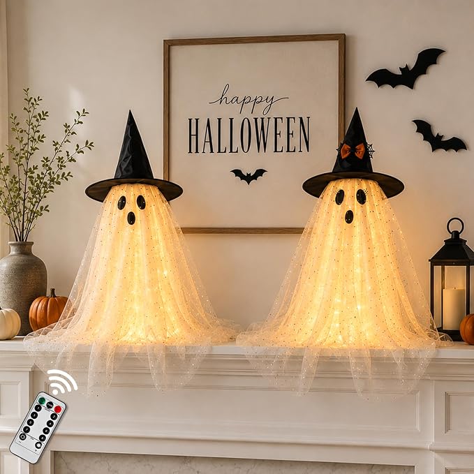 AYGXU 2pcs Halloween Decorations Indoor,Ghost Decor with String Lights Remote Control,Halloween Party Decorations,Spooky Ghost Light for Home Table Room Kitchen Office