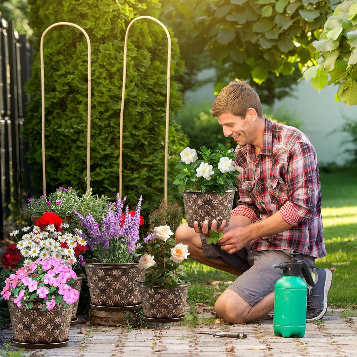 10 Inch Planter Pots for Plants, 4 Pack Plastic Large Flower Pots Indoor Outdoor, Resin Plant Pot with Drainage & Saucer, Retro Decorative Garden Pot with Removable Trays for House