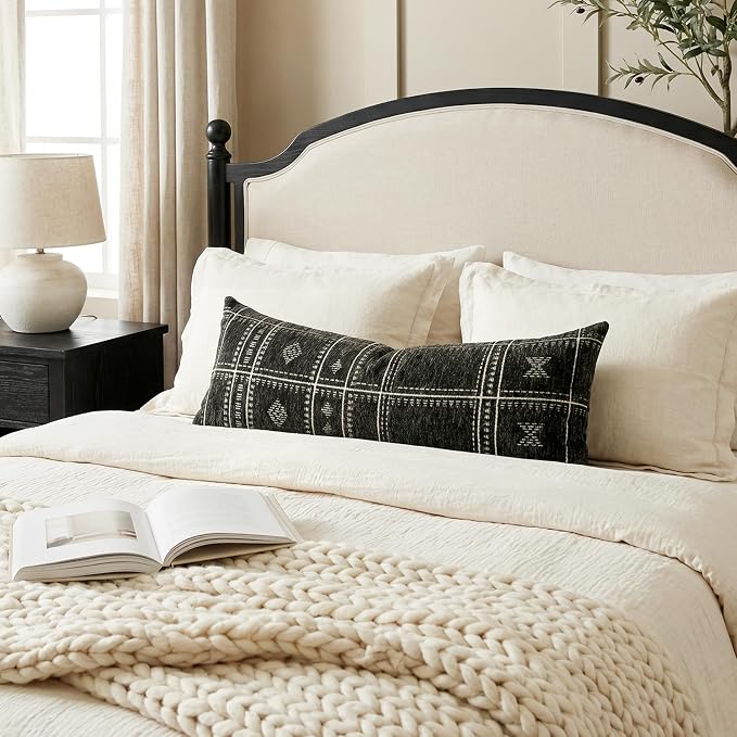BlissBlush Decorative Lumbar Pillow Cover 14x36, Long Decorative Throw Pillow for Bed, Black Boho Textured Chenille Accent Pillowcase for Bedroom Home Décor (Cover Only)