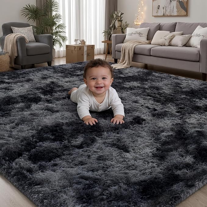 Area Rug for Living Room Bedroom: 4x6 Black Grey Soft Fluffy Shag Upgrade Non-Slip High Pile Carpet Large Fuzzy Plush Indoor Floor Decor Shaggy Rug for Kid Boys Girls Playroom Nursery Modern Home
