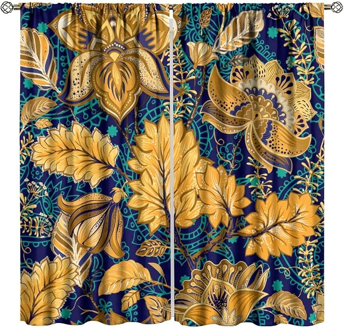 Floral-Patterned Blackout Curtains, Vintage Navy Blue with Gold Plant Motifs in Bohemian Style, Heat-Insulating Curtains for Living Rooms and Bedrooms55X63 Inch