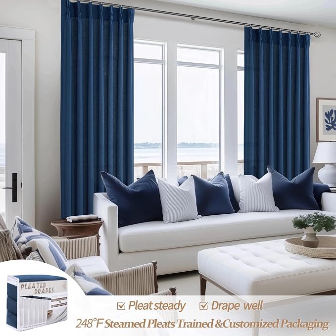 Thick Linen Denim Blue Viral Sheer Curtains 96 Inches Long for Bedroom 2 Panels Set, Pinch Pleat Light Filtering Aesthetic Drapes with Back Tab Ceiling Track for Boys Room Decor Curtain 96 Inch Length