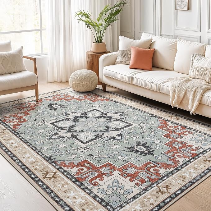 Lofus 5x7 Area Rugs for Living Room and Bedroom, Machine Washable Rug for Kitchen Office, Non Slip Low Pile Carpet, Vintage Boho Soft Carpets, Beige Orange