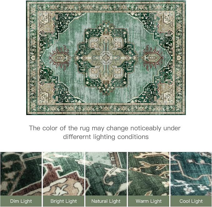Lofus 8x10 Emerald Green Washable Rugs Non-Slip, Vintage Floral Area Rug for Living Room Bedroom Dining Room Kitchen, Low Pile Distress Print Medallion Carpet Home Decor Rug