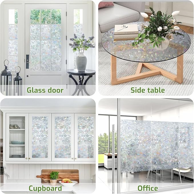 LUTE Window Privacy Film, Rainbow Window Flim, 3D Decorative Stained Glass Cling, Non-Adhesive Vinyl Static Cling UV Blocking Heat Control One Way Glass Covering for Home, Silver, 23.6 x 78.7 inches