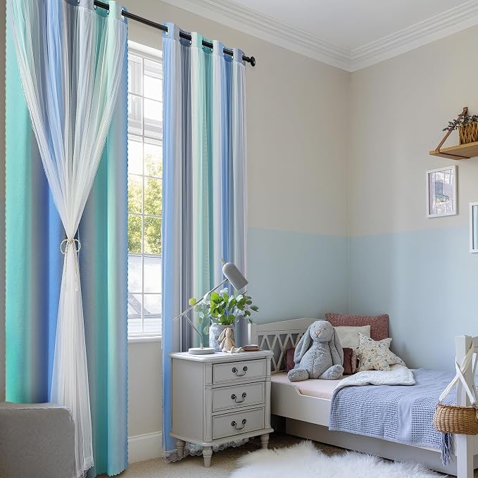 XiDi Blue Green Grey Blackout Curtains 63 Inches Long for Living Room Bedroom 2 Panels Double Layer Curtains Rainbow Kids Grommet Window Drapes for Nursery Princess Unicorn Wall Decals 34 Inches Wide