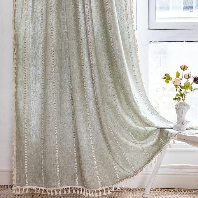 RoomTalks Green Modern Farmhouse Textured Curtains for Bedroom Living Room 72’’L x 52’’W Light Filtering French Country Boho Chic Tassel Window Curtain Panels Striped Bohemian Draperies