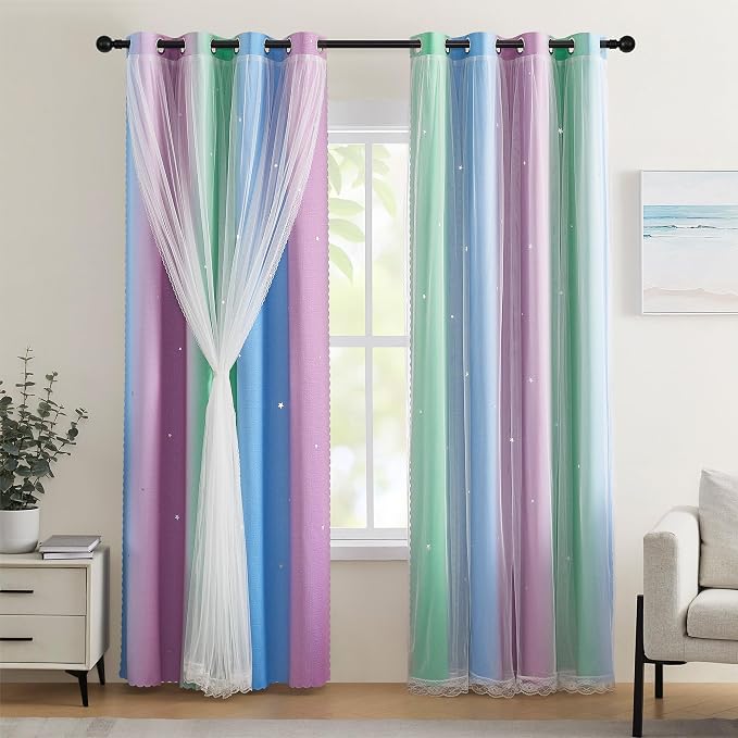 XiDi Blackout Curtains for Girls Bedroom Decor 72 inches Long Window Curtains Colorful Rainbow Design 2 Panel, Kids Room Unicorn Princess Theme Home Decor Ombre Drapes Green Purple Blue W34 X L72
