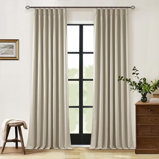Neutral Pinch Pleat Linen Blackout Curtains 108 Inches Long 2 Panel Set for Living Room Back Tab Pleated Drapes Room Darkening Light Blocking Window Curtain for Bedroom Cottage Farmhouse Taupe 9 FT