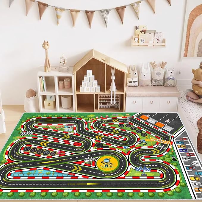 Kids Racing Rug 63''x94'' Car Road Kid Rug Carpet Playmat for Playoom Traffic Road Kid Play Mat for Bedroom，Kids Educational City Traffic Road map Fun Carpet (Green)