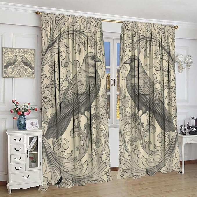 William Morris Blackout Curtains, Vintage Bird Crow Boho Rustic Flower Print Window Drapes, for Bedroom Living Room 55" W X 63" L