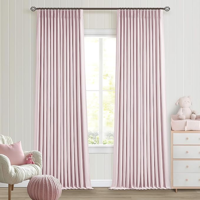Pale Pink Linen Pinch Pleated Curtains 90 Inches Long Complete Blackout for Girls Bedroom Funky Cute Window Curtains Noise Heat Blocking Heavy Insulated Drapes Baby Pink Dusty Blush for Nursery