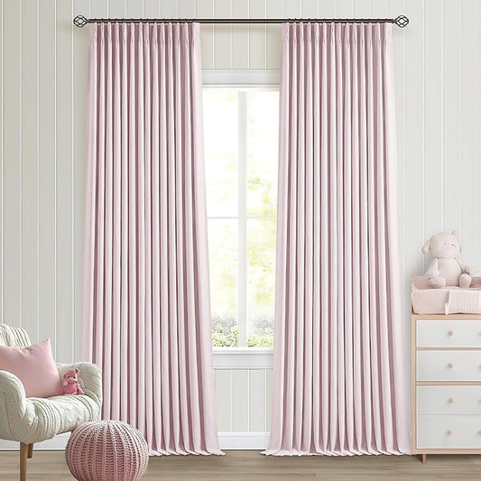 102 Inch Pink Pinch Pleated 100% Blackout Curtains for Girls Bedroom Living Room Thermal Insulated Pleated Room Darkening Light Blocking Linen 102 Inch Curtains Drape Window Panels Baby Pink Blush