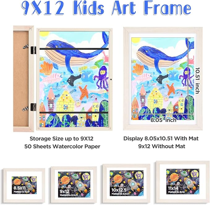 KINLINK 9x12 Kids Art Frame 2 Pack, Solid Wood Artwork Frames Changeable, Front Opening Hold 150 Pictures, Art Frames for Kids Artwork, 8.5x11 with Mat 9x12 without Mat, Picture Frames White Wood