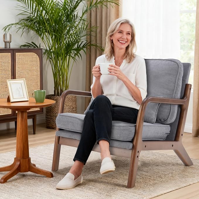 DUMOS Mid Century Modern Accent Chair, Armchair with Lumbar Pillow and Waist Cushion, Solid Wood Frame Lounge Chair for Living Room, Bedroom, Reading Nook, Small Apartment Corner, Classic Grey
