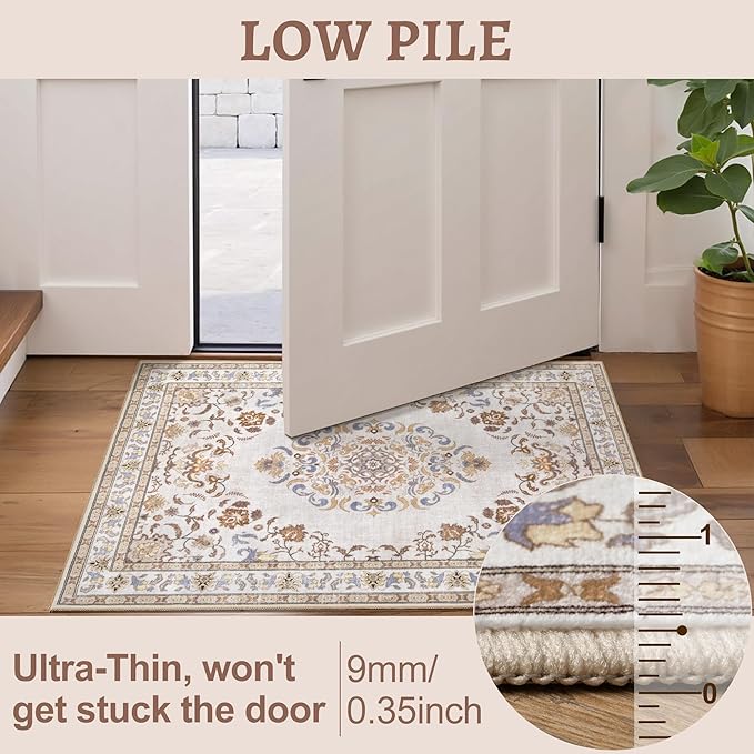 Tangsoo 2x6 Washable Runner Rug Non Slip, Vintage Boho Neutral Hallway Rug for Entry Kitchen, Soft Low Pile Beige Floor Carpet Runner for for Laundry, Bedroom, Living Room Home Decor