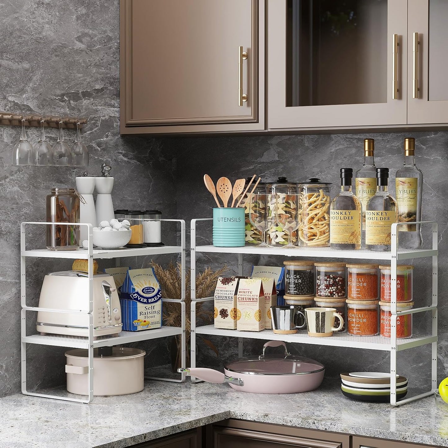 Hole Pattern Expandable Shelf Organizer,1Pack 8.1" Wide Easy to Assemble Cabinet Organizer Shelf, 16.5~27.1" Adjustable Height&Stackable Spice Organization for Cupboard, White