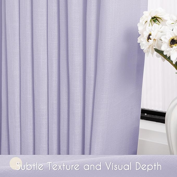 Lavender Back Tab Linen Curtains 102 Inches Length for Bedroom Living Room Semi Sheer Privacy Light Filtering Drapes Farmhouse Boho Texture Window Treatment Sets Violet Purple 52X102