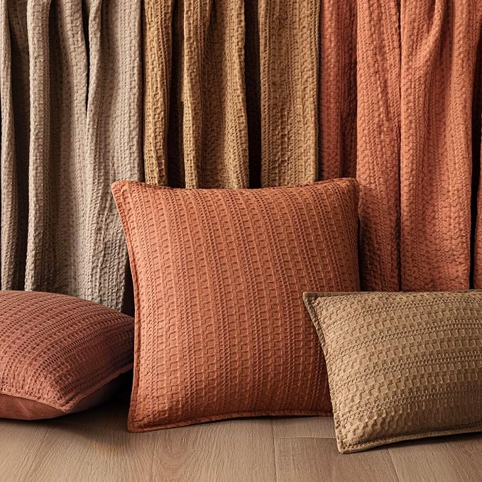 Foindtower Set of 2 Decorative Cotton Waffle Weave Throw Pillow Covers Euro Shams Cushion Covers Accent European Pillowcase for Bed Couch Sofa Bedroom Living Room Home Decor 18×18 Inch Orange Brown