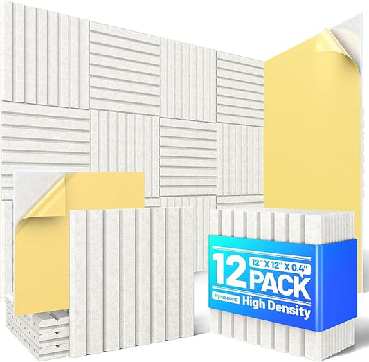 12 Pack Sound Proof Foam Panels for Walls, Acoustic Panels with Self-Adhesive 12" X 12" X 0.4" Slatted Soundproof Wall Panel, High Density Sound Absorbing Panel for Gaming Recoding Studio Decor-Ivory