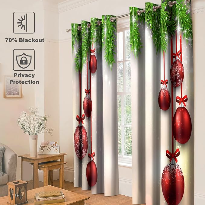 Jekeno Christmas Blackout Curtains - Blocking Window Drapes Xmas Winter Season Theme Fir Twigs and Vibrant Balls Graphic Decor Home Bedroom Living Room Grommet Window Drapes 2 Panel Set, 42" x 63"