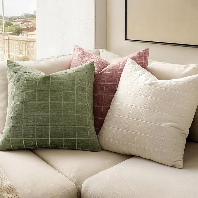 MIULEE Sage Green Plaid Decorative Throw Pillow Covers 20x20 Set of 2 | Vintage Check Chenille Couch Pillows Neutral Boho Farmhouse Cushion Covers Modern Home Decor for Sofa Bed Living Room