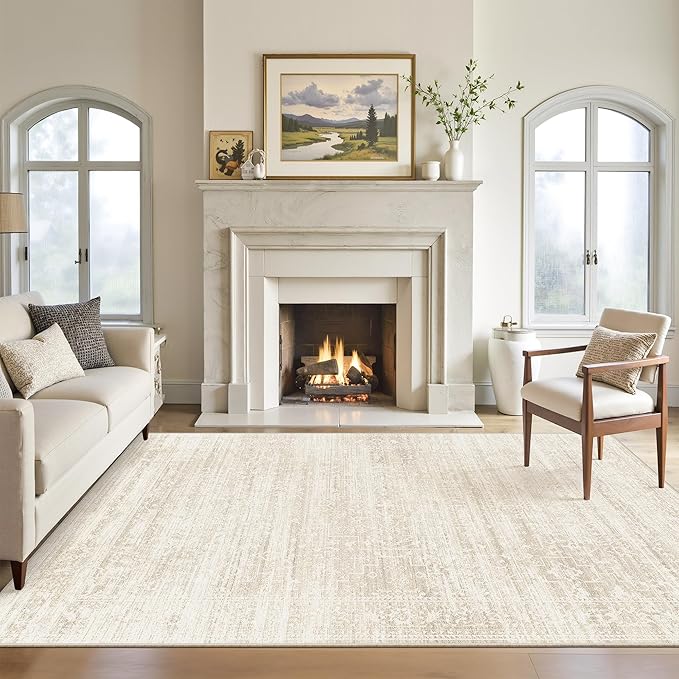 Soalmost 5x7 Area Rugs for Living Room, Washable Soft Rug Beige/Cream | Non-Slip Low Pile Natural Vintage Floral Rug Throw Carpet for Dining Room Bedroom Home Office Nursery 5'x7'